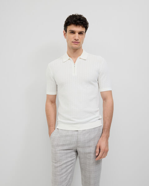 Textured Zip-up Knit Polo, White, hi-res